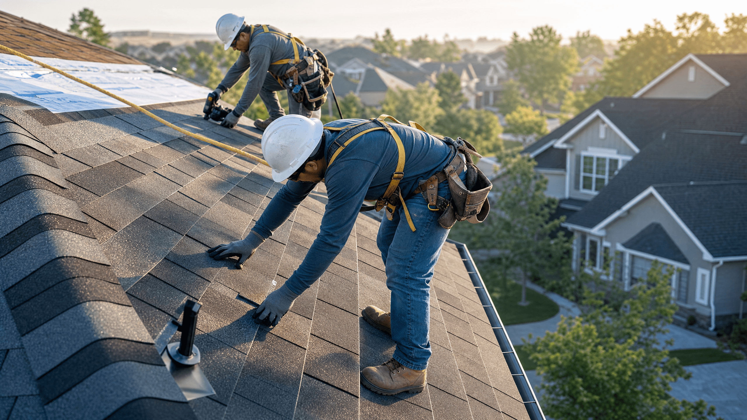 Quest Exteriors skilled trade roofing crew installing architectural shingles on a residential roof