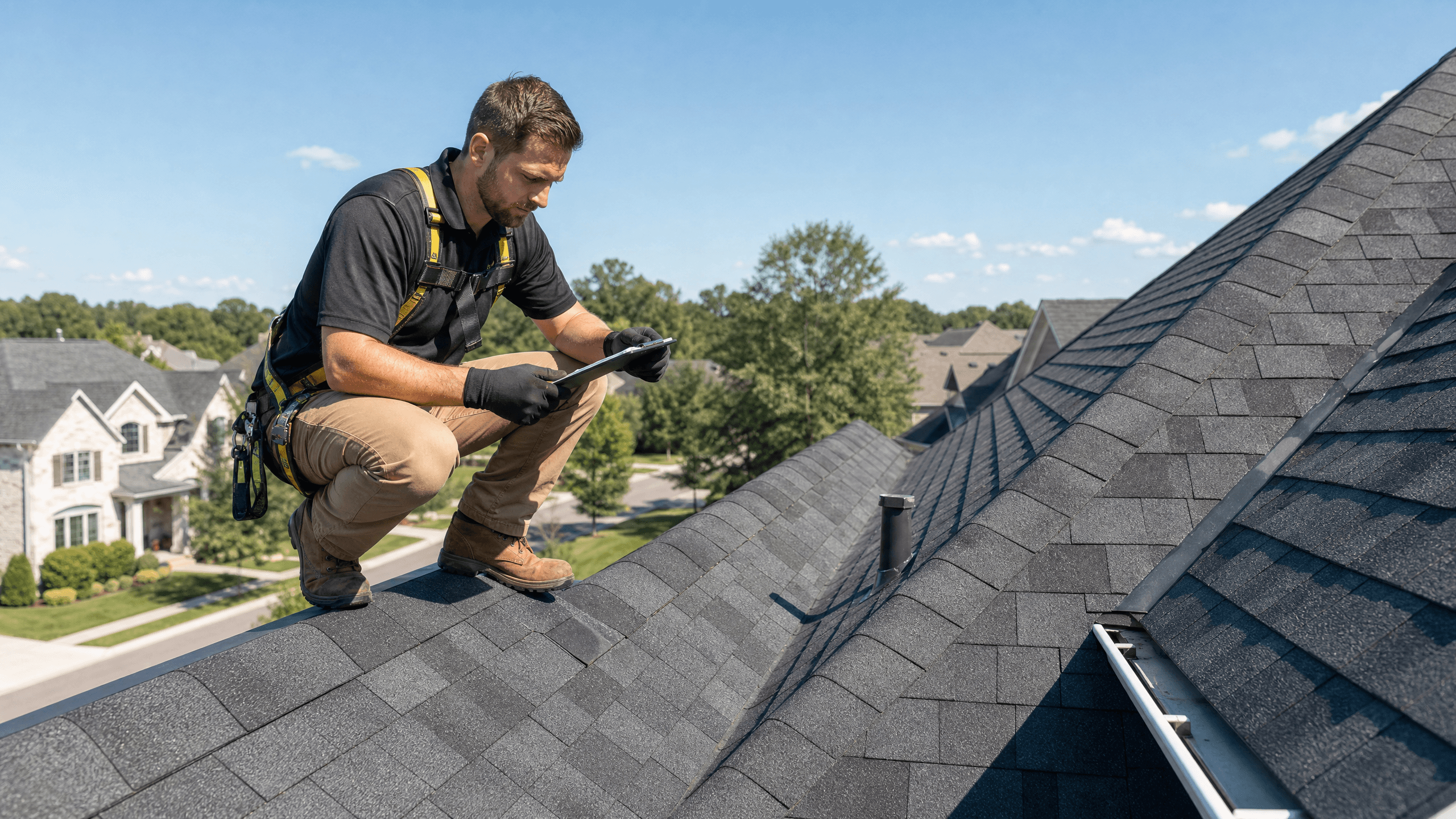 Quest Exteriors inspector walking a residential roof to document slope-by-slope conditions for an insurance claim
