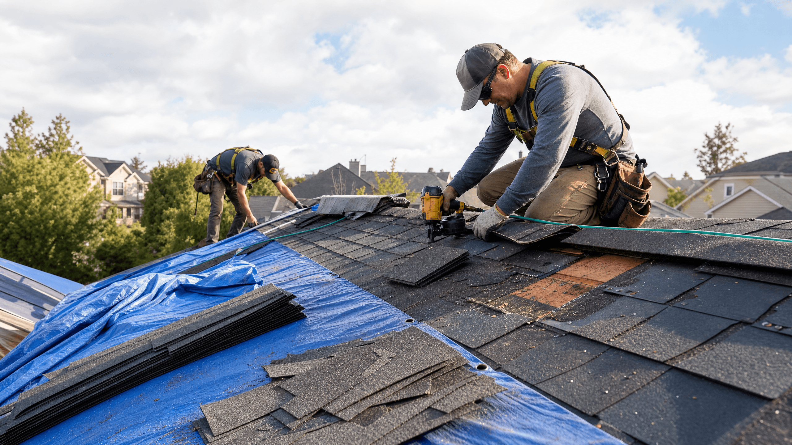 Storm-damaged roof being inspected after a hail event